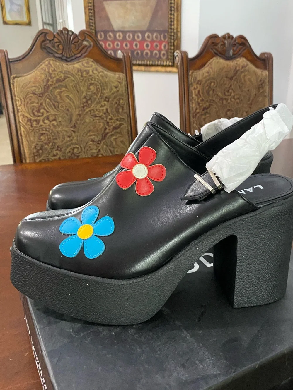 Black Platform Mary Janes with Blue & Red Floral Accents